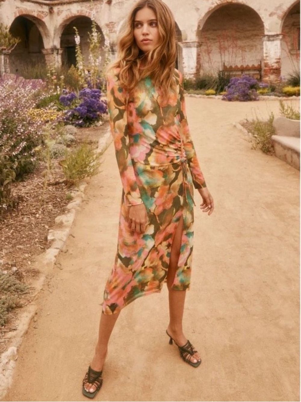 Rails Mona Midi Mesh Dress Terra Floral Watercolour Tatoo Print Size L Rushed